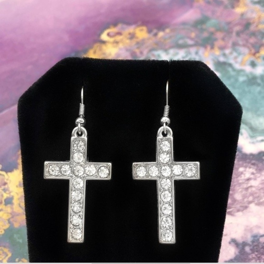 🌼 Silver Rhinestone Straight Christian Cross Simple Dangle Earrings